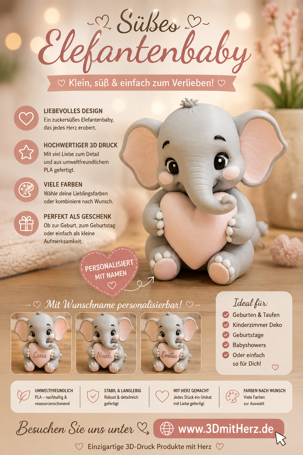 Personalisiertes Elefantenbaby aus dem 3D-Drucker