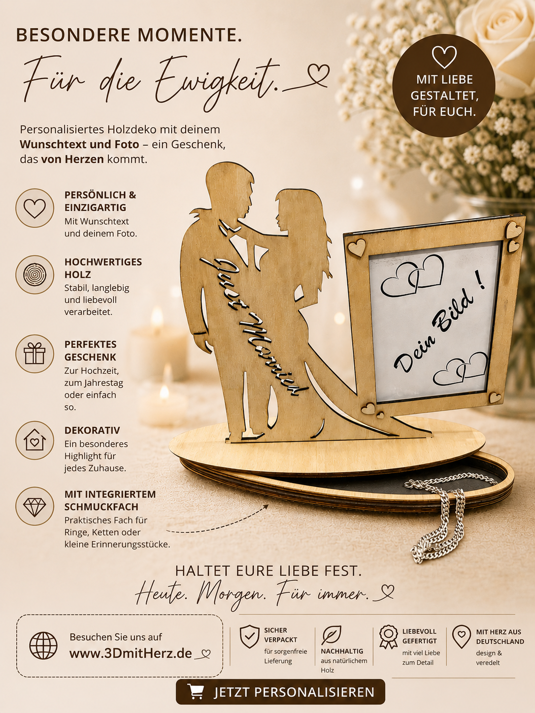 Hochzeitspaar mit Bilderrahmen und Schmuckfach, Handarbeit